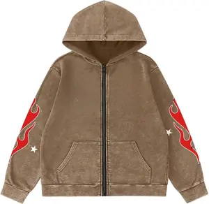 Men's Washed Graphic Hoodies Grunge Vintage Lightweight Hip Hop Zip Up Sweatshirt with Letter Print & Drop Shoulder Design