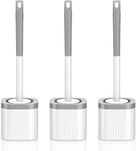 3-Pack Durable Compact Toilet Bowl Brush and Holder Set, Nylon Bristles Toilet Cleaner Brush with Hidden Scrubber for Bathroom Cleaning, Grey & White