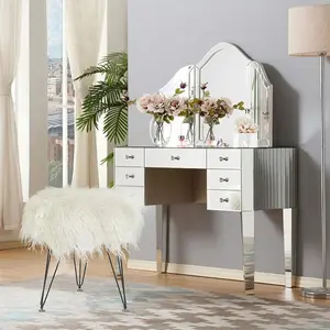 Joveco 16.1" White Faux Fur Ottoman Furry Round Foot Vanity Rest Stool (White-Metal Legs)