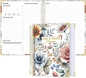 Undated Daily Monthly Planner for 2025 2026 - A4  with Hourly Schedule, Hardcover Spiral Bound Daily Planner to Increase Focus, Stylish School/Office Supplies, 8.5" x 11", Flower
