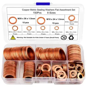 Copper Washers Kit 150PCS 8 Sizes - Metric Sealing Flats(M6 M8 M10 M12 M14 M16 M18 M20) for Automotive Fuel Line, Oil Pan Repair (Anti-Corrosion)