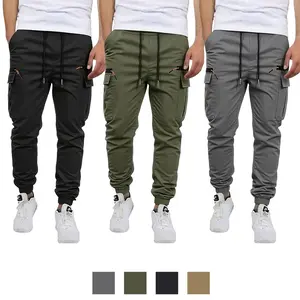 Clean Gent 3-pack: men’s solid-color cargo pants with pockets and drawstring; hiking pants with zipper detailing; casual straight-leg pants suitable for outdoor hiking and fishing, ideal for all seasons.