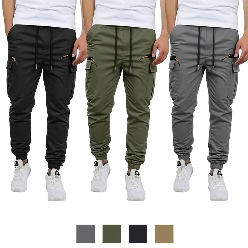 Clean Gent 3-pack: men’s solid-color cargo pants with pockets and drawstring; hiking pants with zipper detailing; casual straight-leg pants suitable for outdoor hiking and fishing, ideal for all seasons.