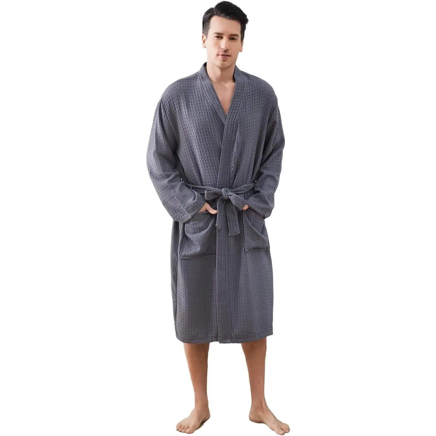 Men's Waffle-Knit Shawl Collar Lightweight Bath Robe, Soft Knee-Length Menswear Loungewear for Summer Hotel Use