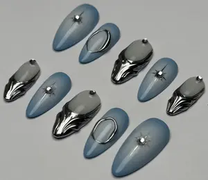 Y2K Chrome Press On Nails Light Blue Diamond Rhinestone Glam Glossy Retro Beach Vibe Quick Application Easy Application 10 Nails 20 Tabs Glue Bottle Mini File Manicure Stick Alcohol Pads