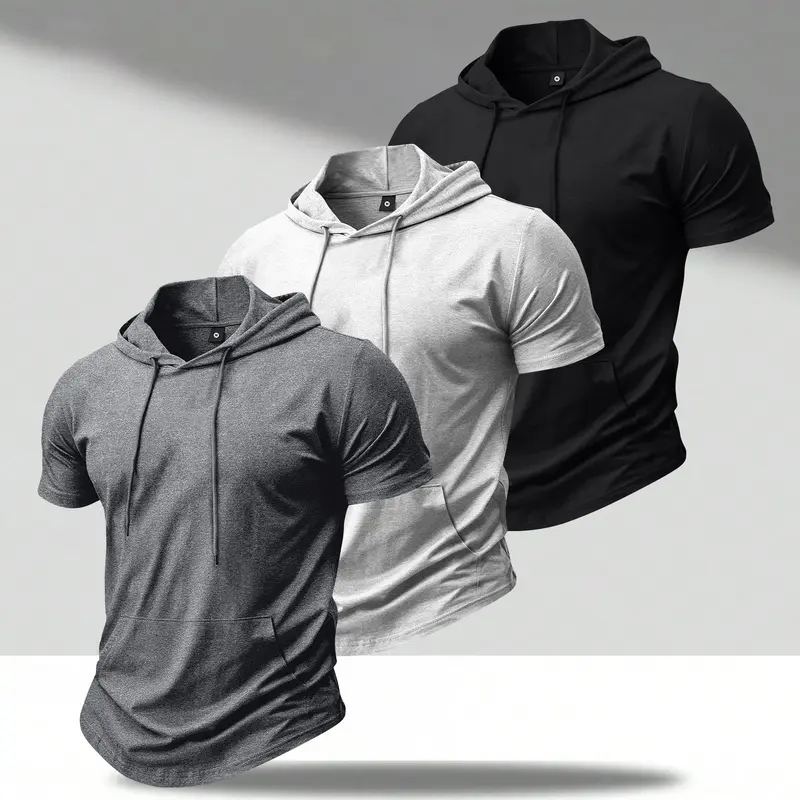 3-Pack Men’s Lightweight Summer Hooded Short-Sleeve T-Shirt - Trendy Streetwear Hoodie Tops for Everyday Wear, Casual Outings, Vacations, Sports & Trips; Perfect Birthday Gift for Boyfriend, Husband; Great for Fishing, Basketball, Camping, Gym, Workouts