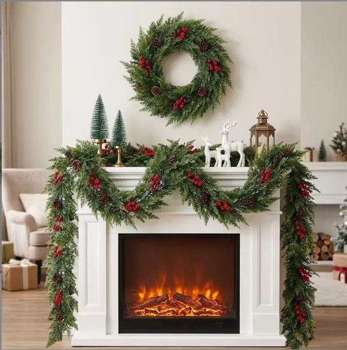 185cm Artificial Cedar Garland with Red Berries, Flexible Realistic Faux Evergreen Vine for Christmas Mantel & Farmhouse Holiday Decor