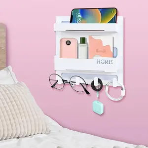Floating Shelves for Bedside Organizer – Wall-Mounted Self-Stick Shelf with 4 Hooks – Cute Aesthetic Room Decor for Girls' Bedrooms and Storage Set