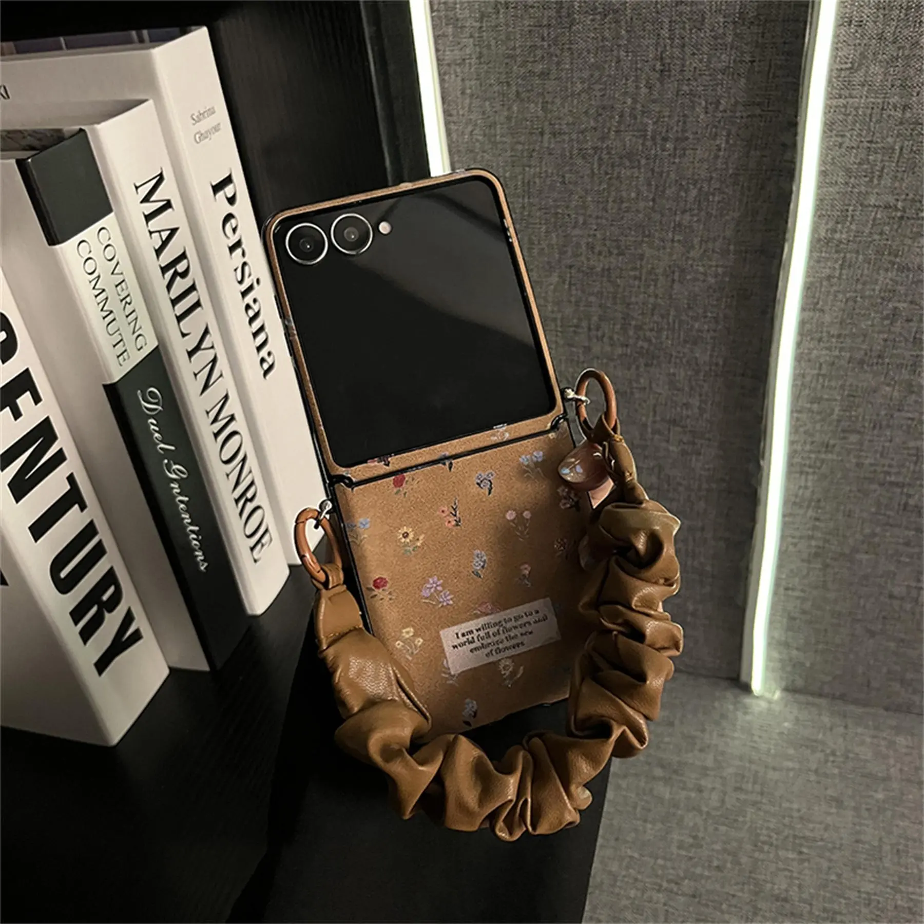 Senior Full Screen Floral Brown Phone Case with Leather Wrinkled Strap for Samsung Galaxy ZFlip 7 ZFlip 6 ZFlip 5 Back Cover