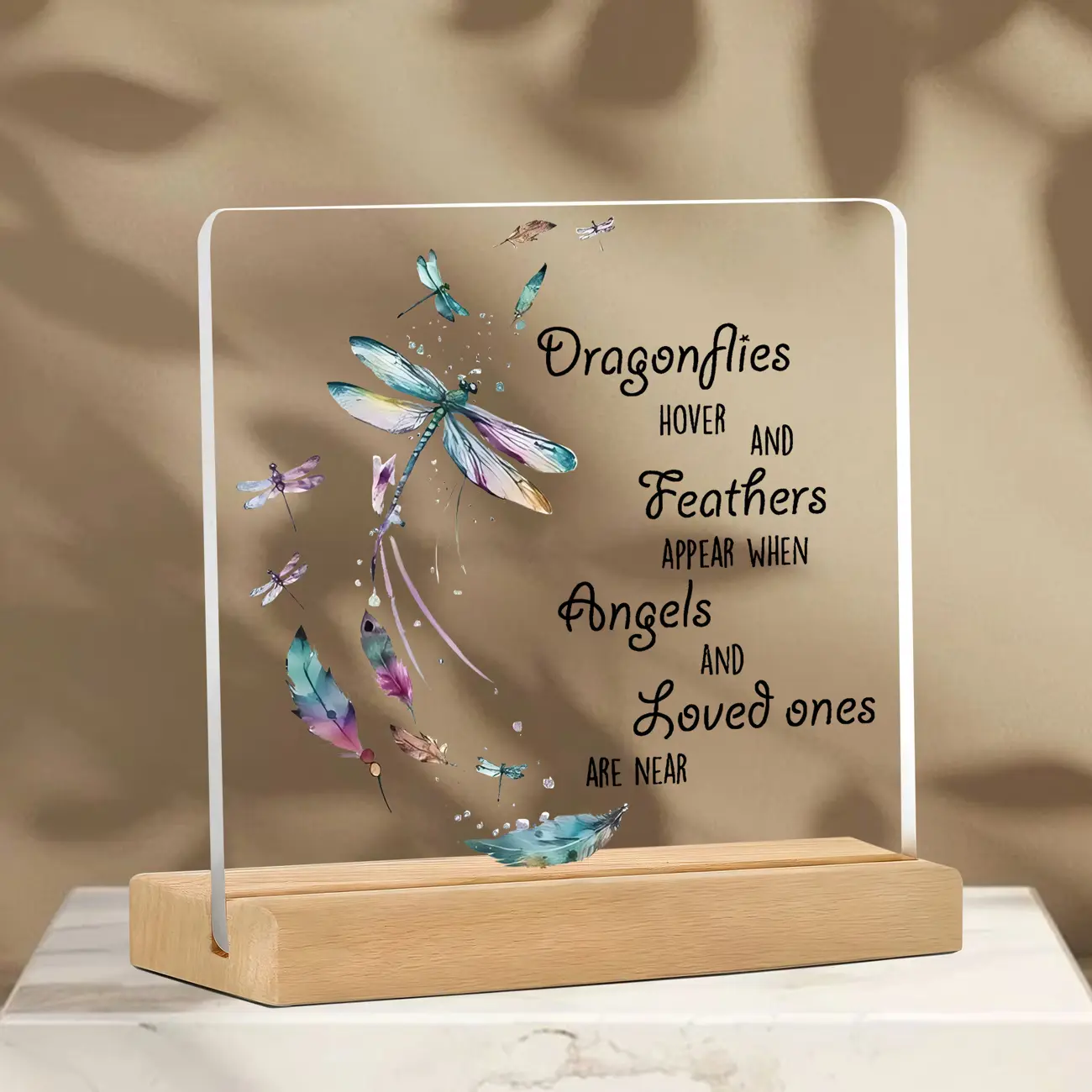 Watercolor Dragonfly Feather Acrylic Desk Plaque, Dragonflies Hover Loved Ones Near Sympathy Table Sign, Remembrance Spiritual Decor, Christmas Thanksgiving Bereavement Gift for Grieving Family Friends