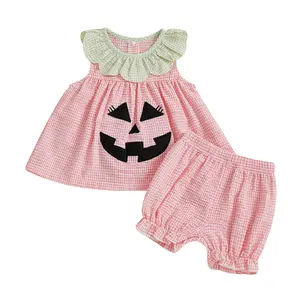 Baby Girl Halloween Outfit Pumpkin Face Plaid Ruffled Collar Dress Tank Shirt Tops and Shorts Set 2Pcs Infant Clothes