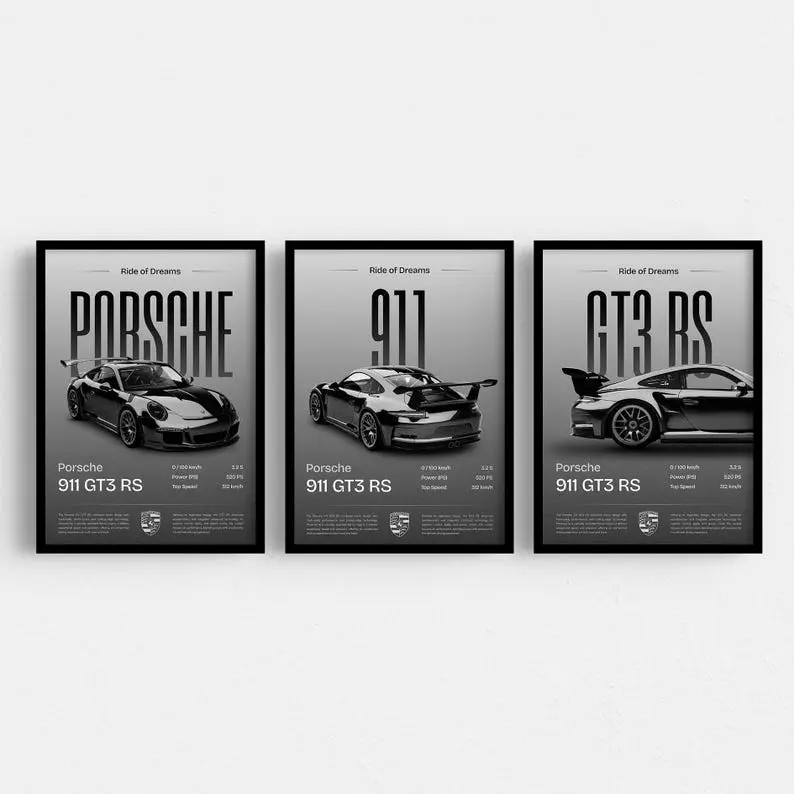Set of 3 Porsche 911 GT3 RS Poster Unframed print, Porsche Poster Unframed , 911 print, car Poster Unframed , supercar Poster Unframed , Porsche wall art, car wall art, gift for