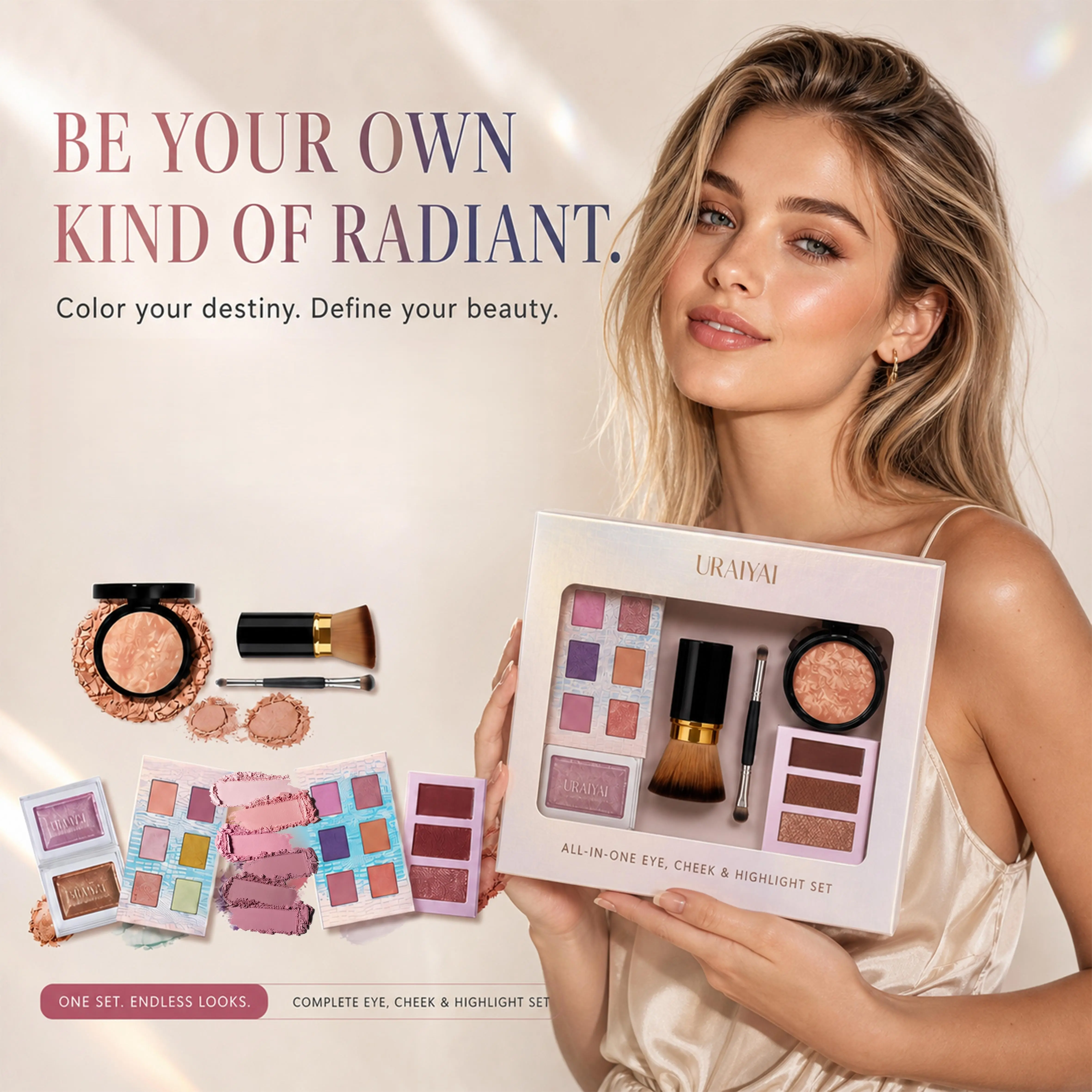 A complete full-face makeup set (8 pieces)—includes foundation, brush, eyeshadow, contour, blush, highlighter, and more for a flawless finish.