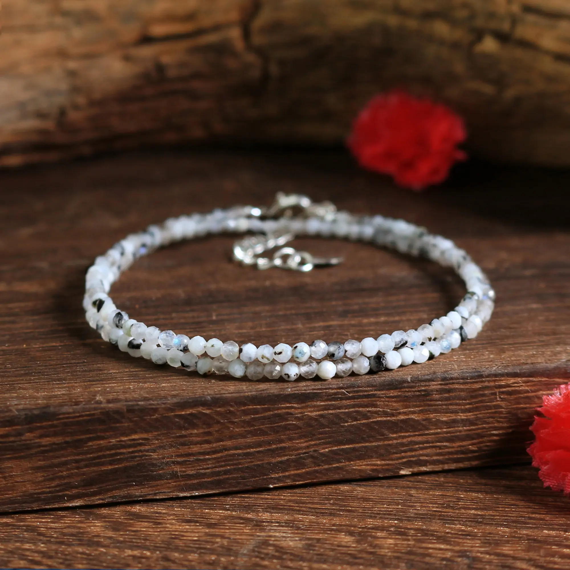 Natural Rainbow Moonstone Faceted 2mm Beaded Choker Necklace Healing Reiki Crystal Minimalist Boho Women's Jewelry Gift