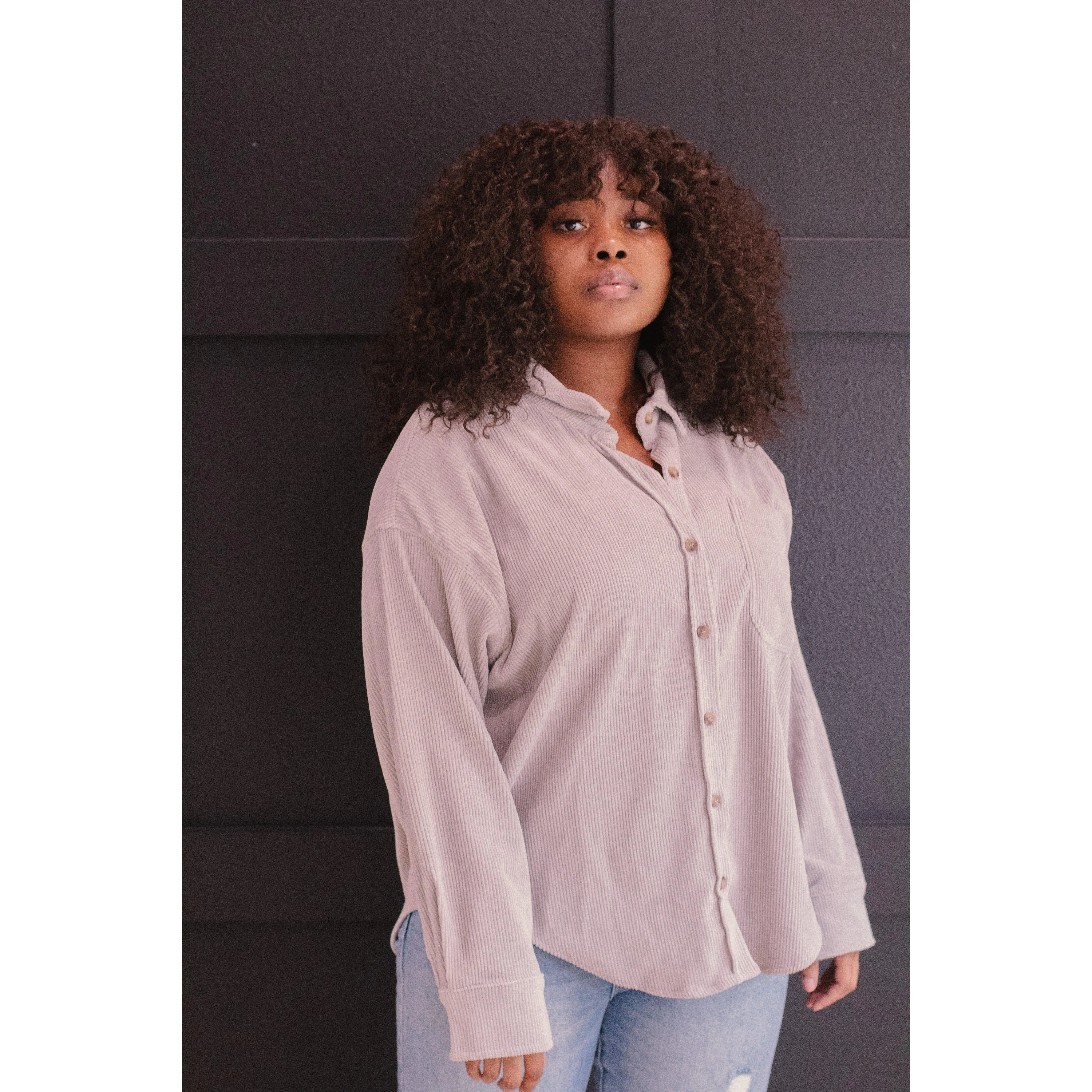 Gigi's Fave Corduroy Shacket (Gray/Cream)