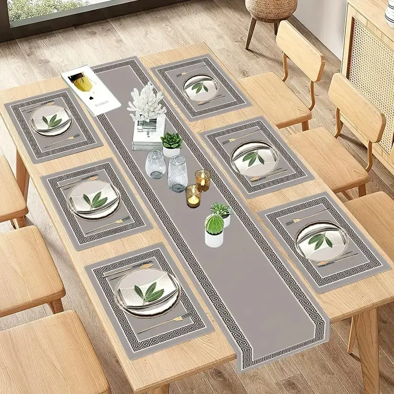 1/5/7 piece set, Multiple options, gray Greek scroll geometric table flag, Table Runner & placemat set, rectangular, with vintage European pattern design, kitchen dining party home decoration, Geometric Patterns