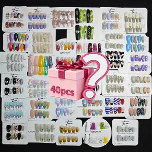 Handmade Press-On Nail Mystery Box Set, 40 Pieces Reusable Almond Shape Medium Shimmer Finish, Perfect for Weddings Parties Holidays, Handmade Acrylic Nails