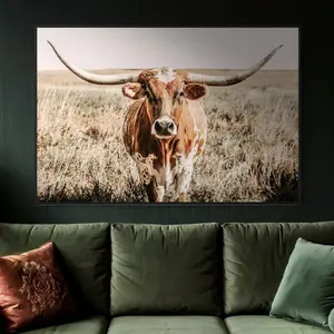Longhorn Cow Print - Longhorn Poster Print - Western Home Decor Cow Picture - Neutral Farmhouse Colors - NoFrames