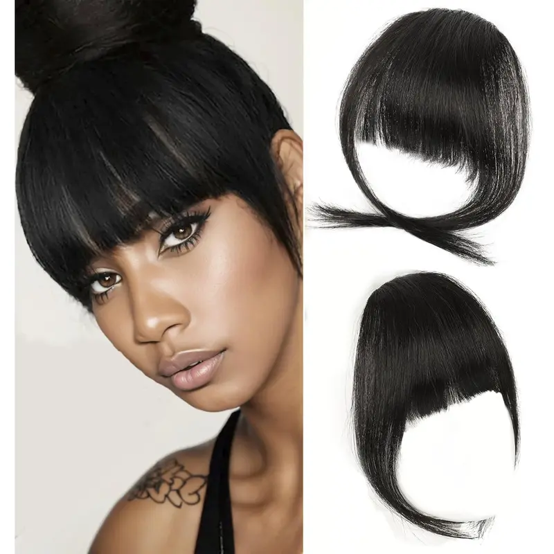 Women's Short Kinky Silky Straight Clip-In Bangs Hair Extensions, Thick Fringe Synthetic Soft Hairpieces with Temple Coverage, Secure Hold, Corrects Different Facial Contours, Ideal for Busy Females (Synthetic Extensions & Pieces), Clip Hair Extensions