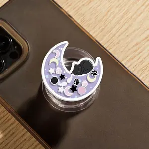 Crescent Moon Black Cat Shaker Phone Grip, Acrylic Phone Accessory, Adhesive, Kindle, iPad, Phone Stand, Griptok, Pop Socket