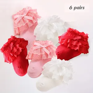 Girls' 6-Pair Double-Layer Ruffled Lace Bow Socks - Soft Polyester, Soft Fit, Princess-Style, All-Season, Cute Pink/White/Red Casual Socks, Hand Washable, Durable