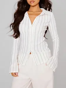 Women's Slim-Fit Striped Casual Basic Long Sleeve Woven Button Shirt, Womenswear Stylish Ladies' Top Blouses for Daily Wear & Office Fitted