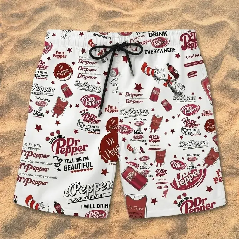 Dr Pepper Soda Beach Shorts Men Women Hawaiian Swim Trunks Funny Soda Logo Print Casual Streetwear Summer Spring Fall Festival Vacation Loose Comfortable Unisex