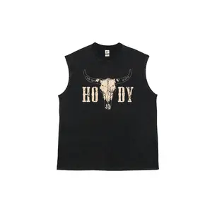 Men Howdy Cow Skull Graphic Shirt Black Casual  Sleeveless Top, Retro Aesthetic Vest, Soft Washed Vintage T-Shirt, Suitable For Spring And Summer Streetwear, Unisex Fit Batik Cotton Oversize Streetwear Menswear