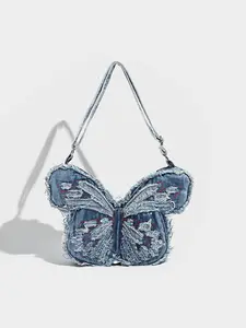 Women's Punk Style Vintage Butterfly Embroidery Design Crossbody Bag, Large Capacity Shoulder Bag, Trendy Crossbody Bag for Daily Use, Casual Crossbody Bag