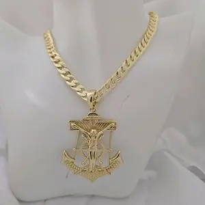 Unisex Gold Plated Anchor 351 Pendant Necklace with Cuban Chain Fashion Jewelry for Men & Women