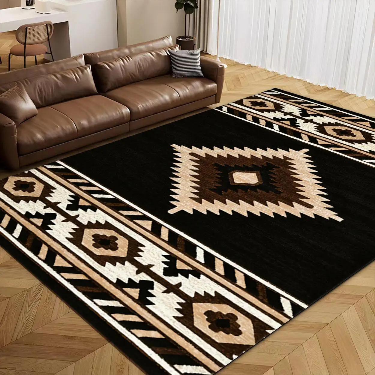Boho Style Geometric Pattern Rug, 1 Count Non-slip Floor Mat, Decorative Carpet for Home Living Room Bedroom, Home Decor