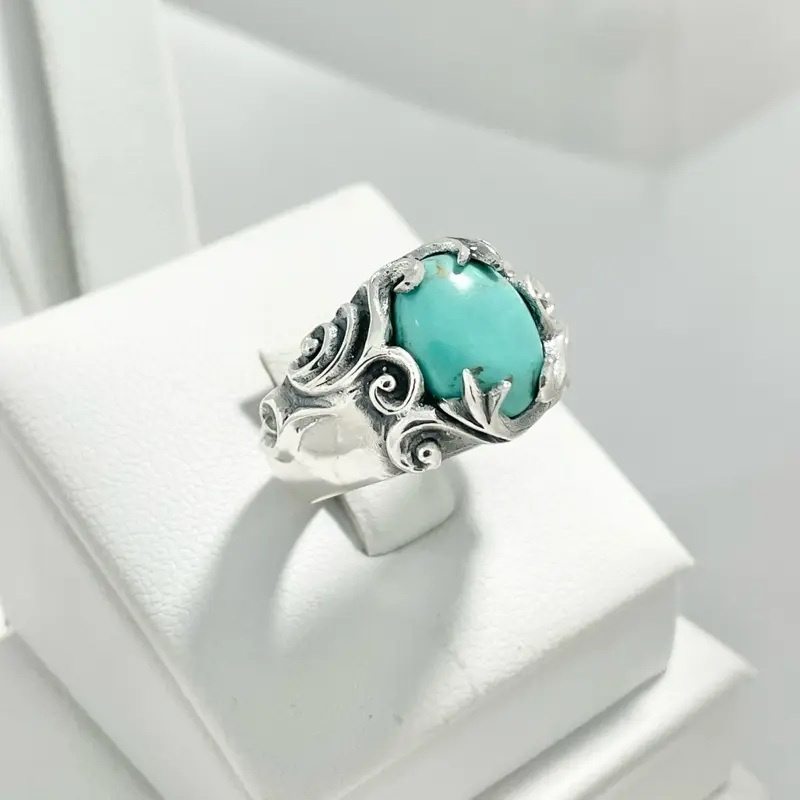 Sterling Silver 925 Light Blue Green Lab Turquoise Ring