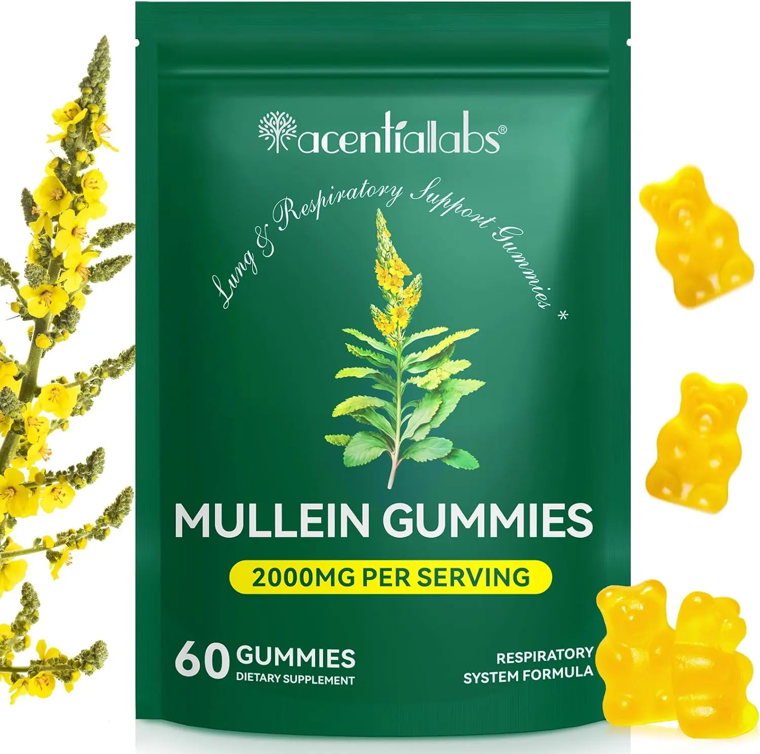Acentiallabs Mullein Leaf Extract Lungs Gummies – 2000mg Edible Dietary Supplement, Respiratory Support Formula, 60 Pear-Flavored, Prop 65 Safe Natural Herbal Gummies