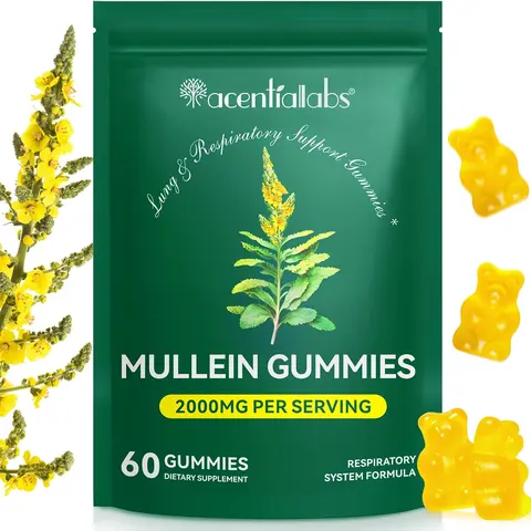Acentiallabs Mullein Leaf Extract Lung Health Dietary Gummies - 2000mg Herbal Respiratory Formula, 60 Pieces Pear-Flavored Chewable Supplement, Immune & Digestive Support, Prop 65 Safe, Youth-Friendly