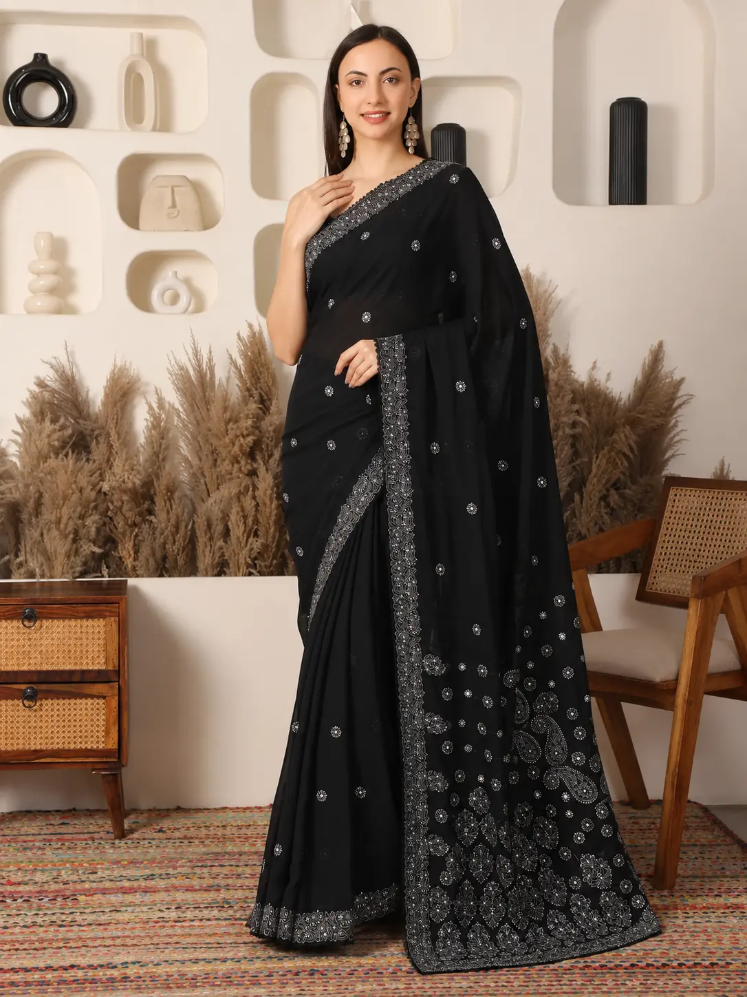Nagma Georgette Black Saree with Mukaish