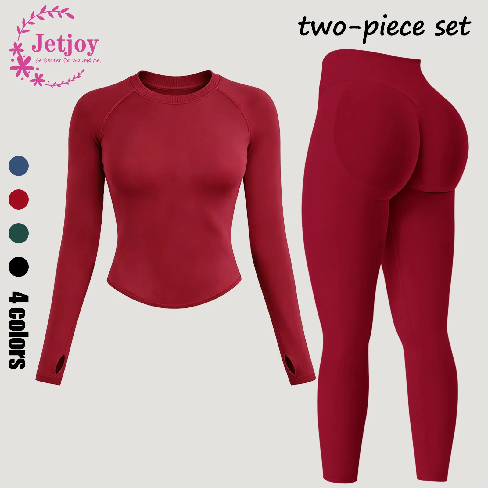 Jetjoy Women's 2-Piece Nylon Blend Yoga Gym Set - Long Sleeve Crop Top, Hidden Scrunch Lift Butt Lifting Leggings, Seamless Athletic Workout Outfit, 2 Piece Sets, Workout Sets Women