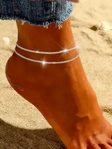 Boho Style Rhinestone Chain Layered Anklet, Zinc Alloy Ankle Bracelet for Women and Girls, Summer Beach Fashion Multi-Layer Charm Jewelry