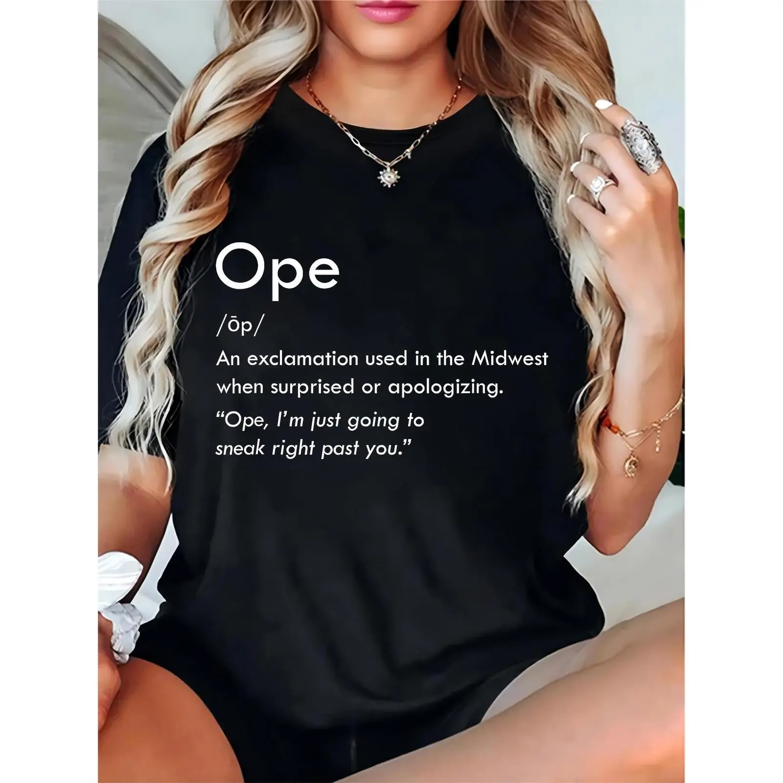 Ladies' Basic Essential Elegant Round Neck Midwest Slang "Ope /ōp/" Definition Quote Graphic T-Shirt, Funny Casual Short Sleeve Daily Streetwear Top for Midwest Culture Fans, Black