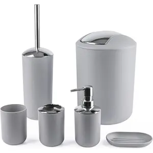 6 Piece Gray Plastic Bathroom Accessories Gift Set - Includes Toothbrush Holder, Toothbrush Cup, Soap Dispenser & Dish, Toilet Brush Holder, Trash Can, Tumbler Straw Set
