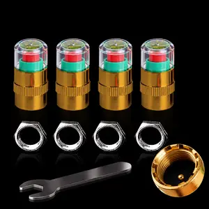 4 Pack Gold Tire Pressure Monitor Valve Caps, 2.4Bar 36PSI Car Auto Tire Pressure Monitor Valve, 3 Color Visual Eye Alert Tire Pressure Indicator Universal Metal Valve Stem Caps for Car Motorcycle Bike