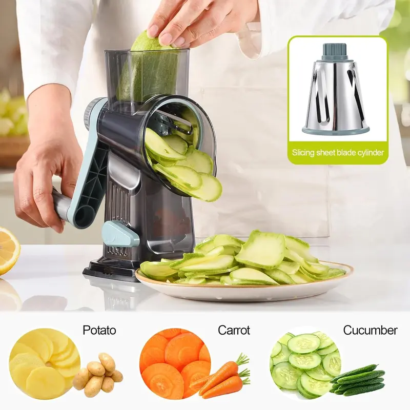 3-Blade and 5-Blade Rotary Vegetable Grater, Manual Cheese Shredder Slicer with Stainless Steel Blades, Hand Crank Kitchen Cutter for Cheese, Potato, Carrot, Cucumber