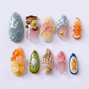 3D Tropical Nail Set | Kiwi Fruit, Monkey & Flower Press On Nails | Cute Summer Almond Nails | Handmade Beach Nails