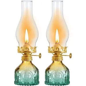 2 Pcs Vintage Large Color Glass Kerosene Oil Lantern Decorative Hurricane Oil Lamp for Indoor Home Tabletop Decor Lighting