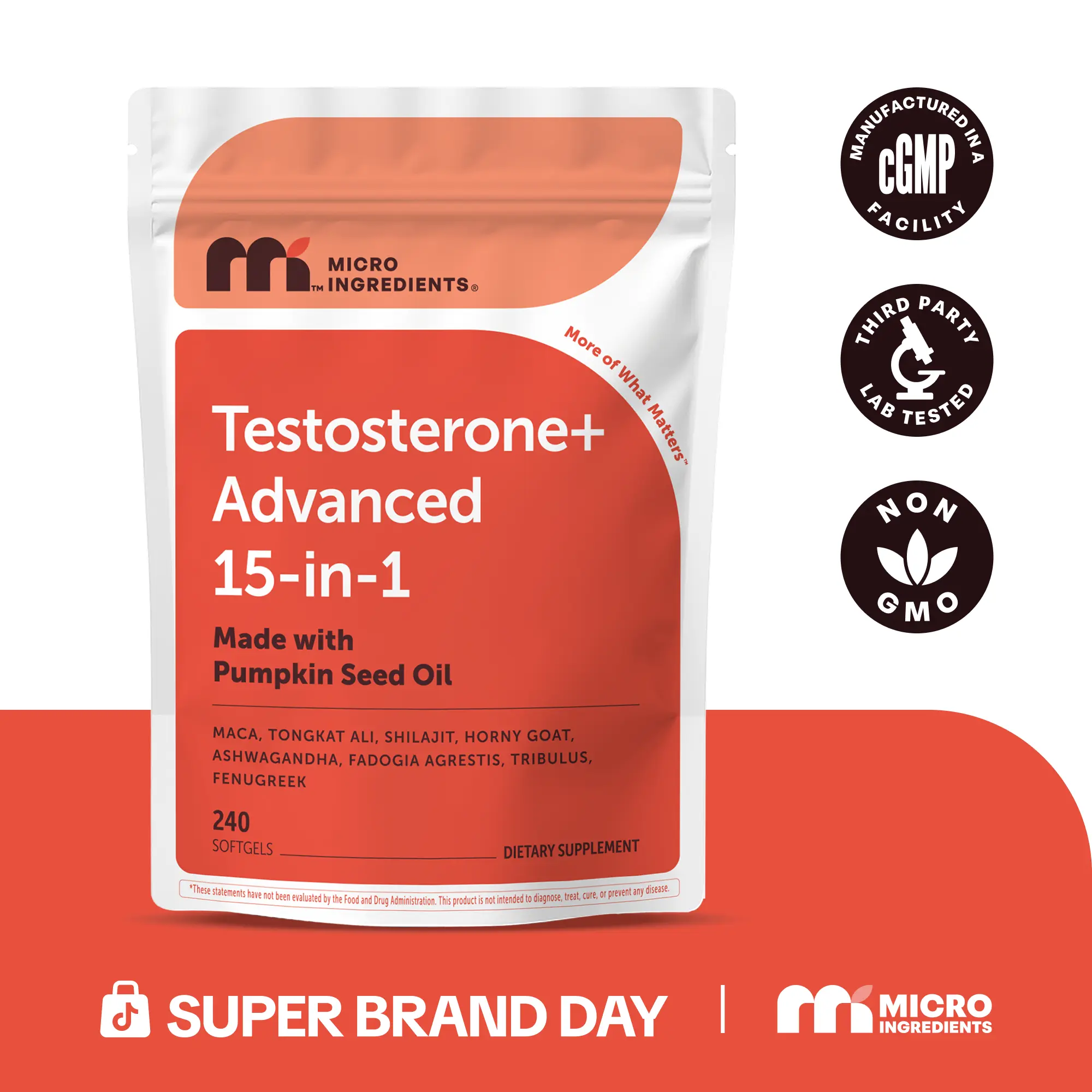 Micro Ingredients Testosterone+ Advanced for Men & Women, 240 Softgels | 15-in-1 Complex with Tongkat Ali, Horny Goat Weed, Shilajit, Maca & Saw Palmetto | Non-GMO