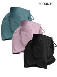 women's plain pocket drawstring waist sports shorts, gym shorts, sporty quick-drying 2 in 1 wrap shorts, women's sportswear for running workout, athletic shorts, workout clothes women, trendy short