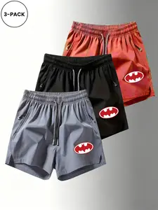 3-Pack Batman Print Quick-Dry Zip Pocket Shorts, Men's Ice Silk Breathable Sporty Casual Shorts, Slim-Fit All-Season Wear