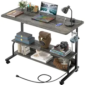39" Height Adjustable Standing Desk with Power Outlets - Manual Rolling Stand Up Desk with Wheels Small Portable Computer Desk Mobile Laptop Table with Storage Shelves for Home Office, Grey Oak