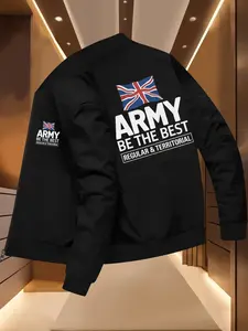 Men's British Military Style Fitted Army Jacket, Uk Flag Print & Badge, Zip Winter Coat, Casual Outerwear