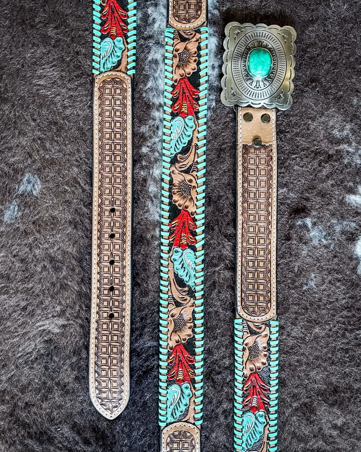 Myra Bag Tropical Forest Hand-Tooled Concho Belt, Western Wear Etched Leather Belt with Removable Buckle and Turquoise Stone