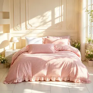 3pcs Spring Summer New Diagonal Stripe Print Ruffle Bedspread Set, (Include 1*Duvet Cover, Without Duvet Insert,2 *Pillowcases, Without Pillow Core), Zipper Closure, Soft Fabric, Perfect Gift